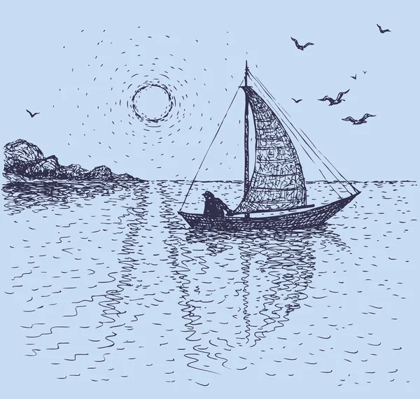 A paisagem marinha do vetor. Um pescador num barco para o mar ao nascer do sol —  Vetores de Stock