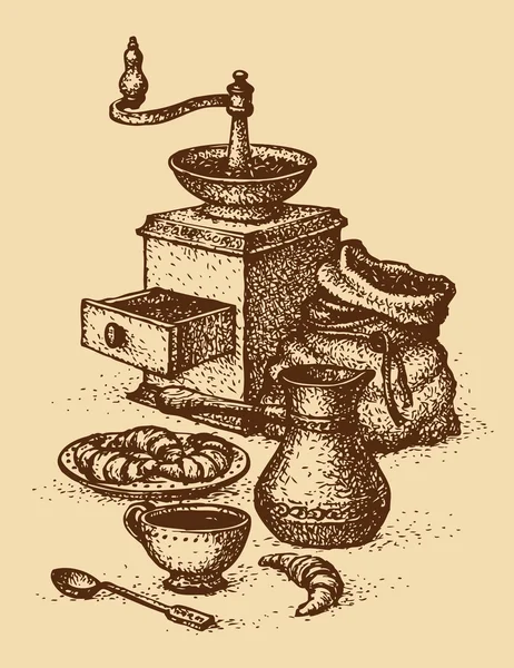 Vektor Stillleben. Tasse Kaffee mit Croissants und Kaffeemühle — Stockvektor