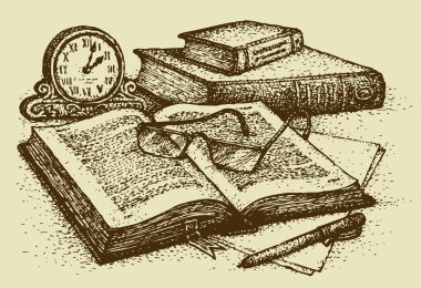 Vector still life. Old books, paper, pen and clock clipart