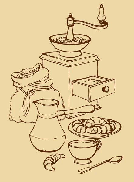 Vektor Stillleben. Tasse Kaffee mit Croissants und altem Kaffee — Stockvektor