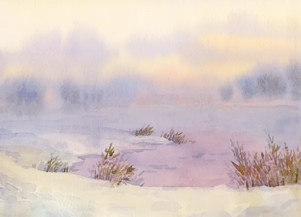 Watercolor winter landscape. Evening sky over valley lake — Stock Photo, Image