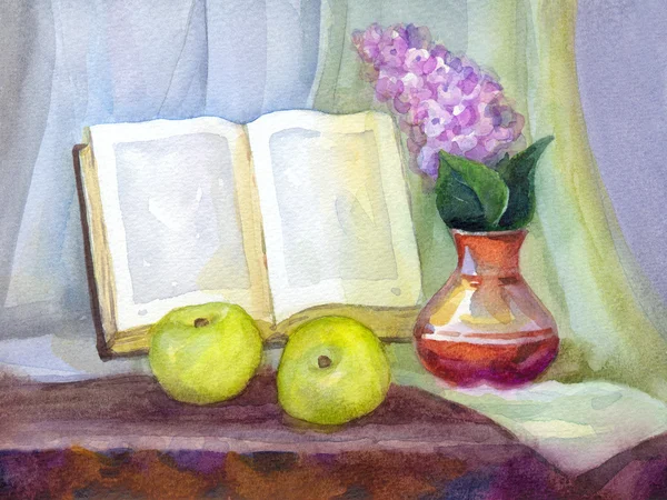 Natura morta ad acquerello. Libro, lilla in un vaso e mele — Foto Stock