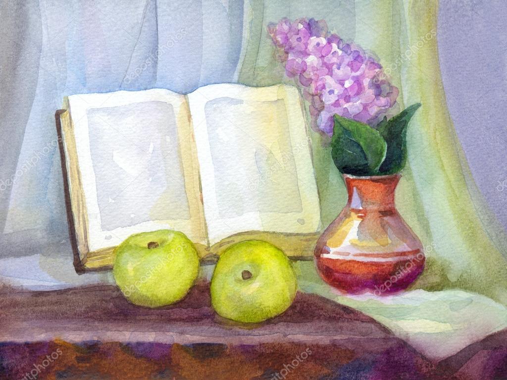 Watercolor still life. Book, lilacs in a vase and apples Stock Illustration  by ©Marinka #21615359