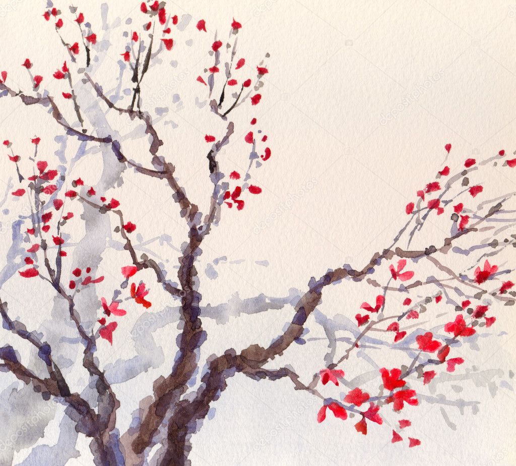 Watercolor background. Red flowers on the branches of the old tree