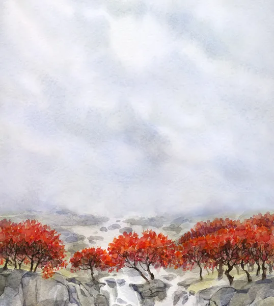 Akvarel krajiny. horský potok protéká podzimní f — Stock fotografie
