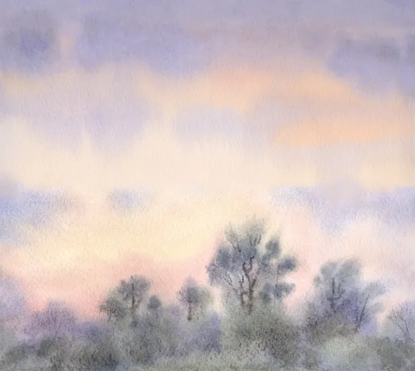 Watercolor landscape background. Sunrise over the forest — Stock Photo, Image