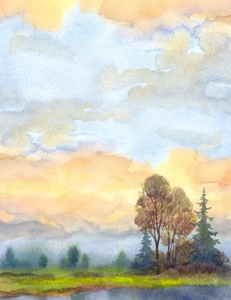 Watercolor landscape background. Evening sky over the lake — Stock Photo, Image
