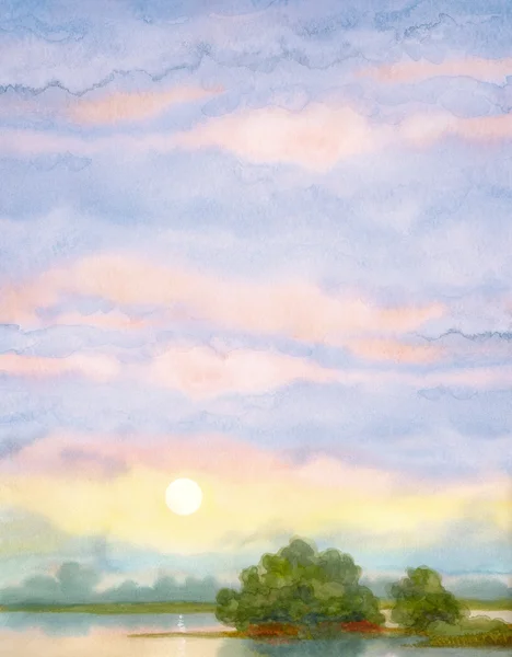 Aquarel landschap achtergrond. zonsopgang boven lake — Stockfoto