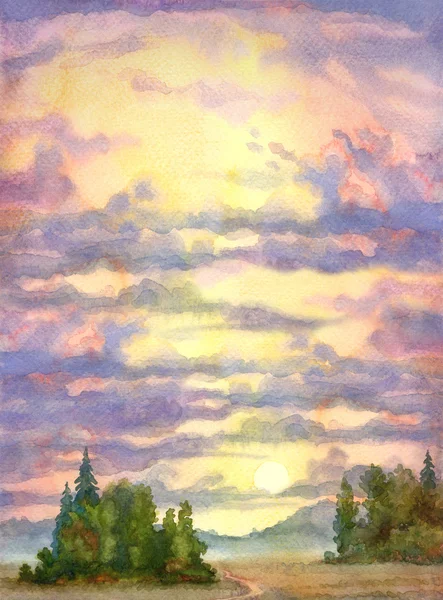 Tła akwarela krajobraz. zachód słońca nad Dolina — Zdjęcie stockowe