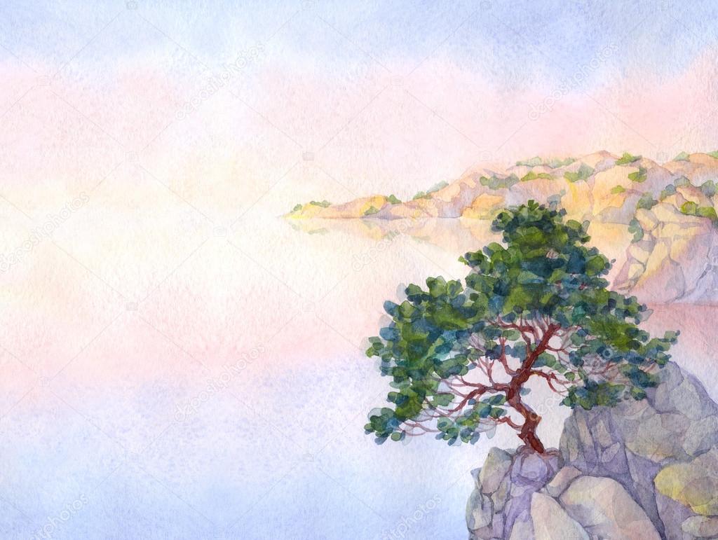 Watercolor landscape background. Pine on a cliff above the sea