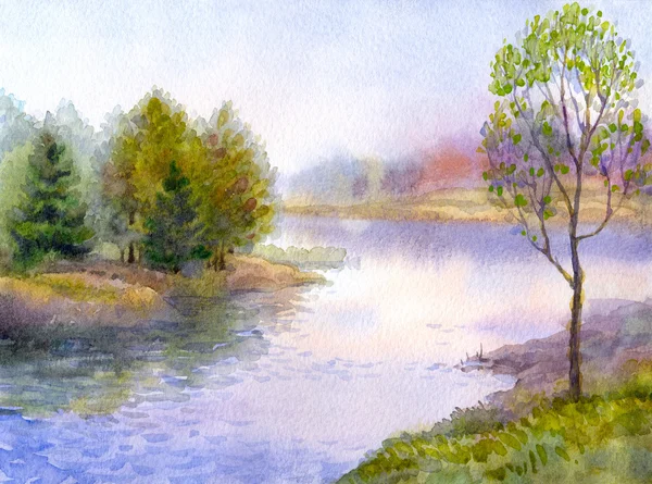 Watercolor landscape. Tree on the bank of river — Stock Photo, Image