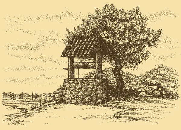 Paysage vectoriel. Vieux puits à l'ombre de l'arbre sur la colline — Image vectorielle