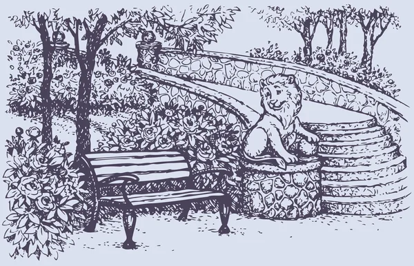 Vector landscape. Bench near blossoming bushes in the park — Stock Illustration Vector landscape. Bench near blossoming bushes in the park Stock Illustration