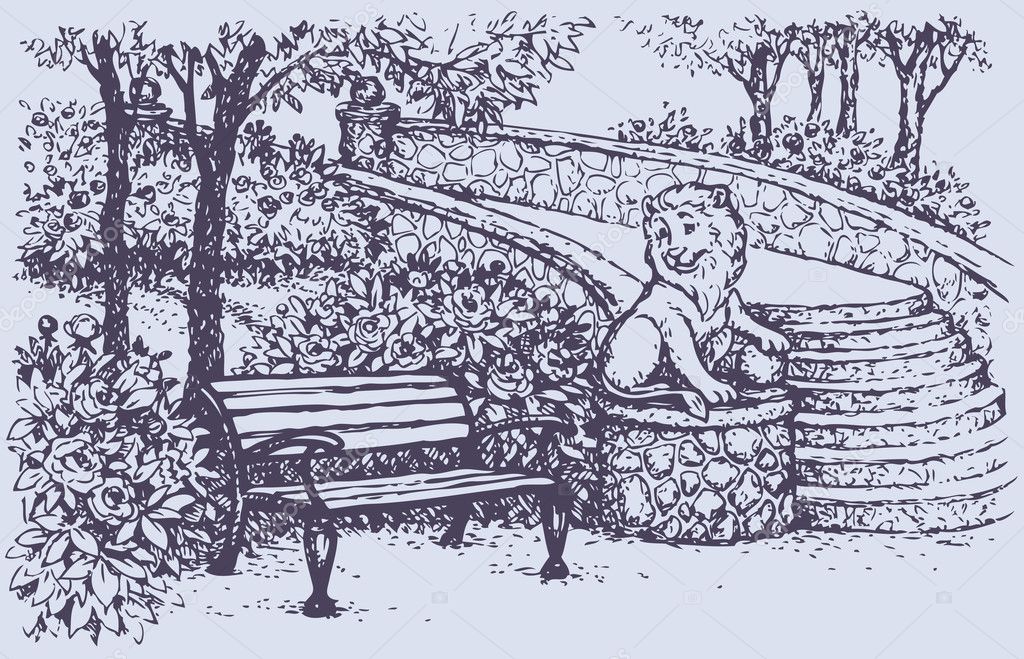 Vector landscape. Bench near blossoming bushes in the park