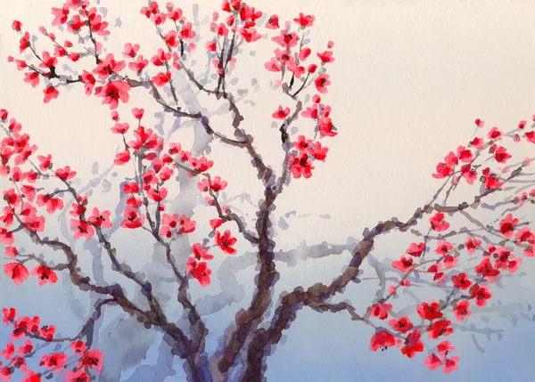 Paysage aquarelle dans le style chinois. Fleurs rouges fleurissent sur le — Photo