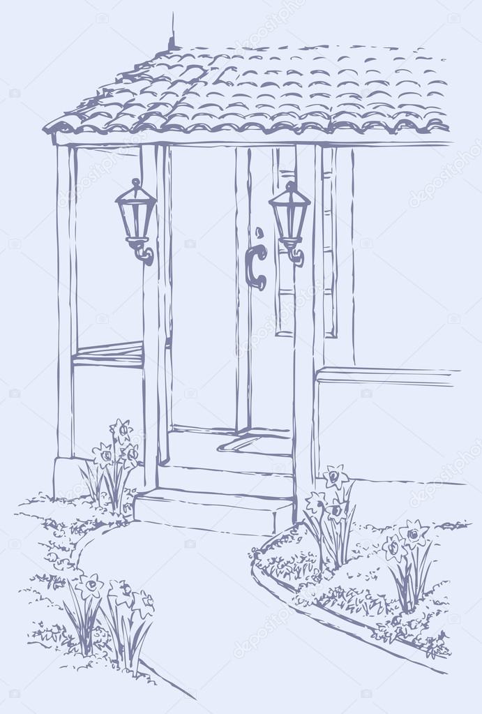 Vector illustration. The path to the porch of cozy home