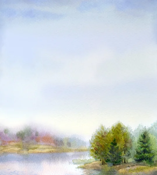 Watercolor landscape. Gorgeous evening on the forest lake — Stock Photo, Image