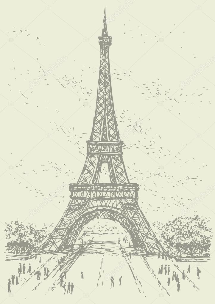 Vector drawing from a series of landmarks. Eiffel Tower in Paris. France