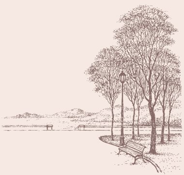 vektör park peyzaj. Ağaçların altında fener yakın tezgah