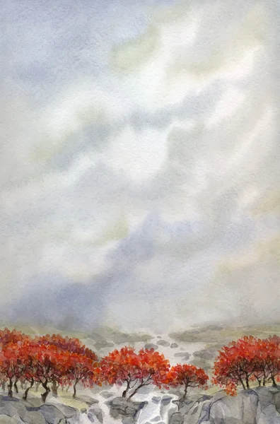 Akvarel krajiny. horský potok protéká podzimní stromy — Stock fotografie