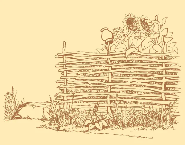 Vektorlandschaft. Blühende Sonnenblumen hinter dem alten Zaun — Stockvektor