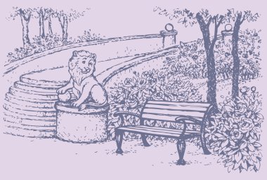 Vector park landscape. Bench beside statues of a lion near stair clipart