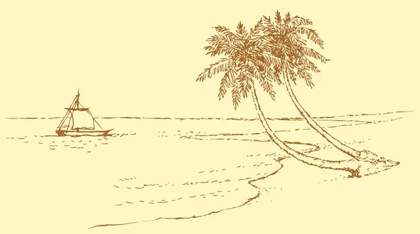 A paisagem marinha do vetor. Veleiro nadar para a praia com palmeiras — Vetor de Stock