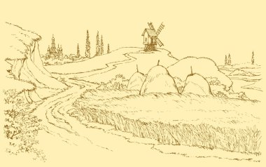 Vector landscape. Mill on the hill among wheat fields clipart