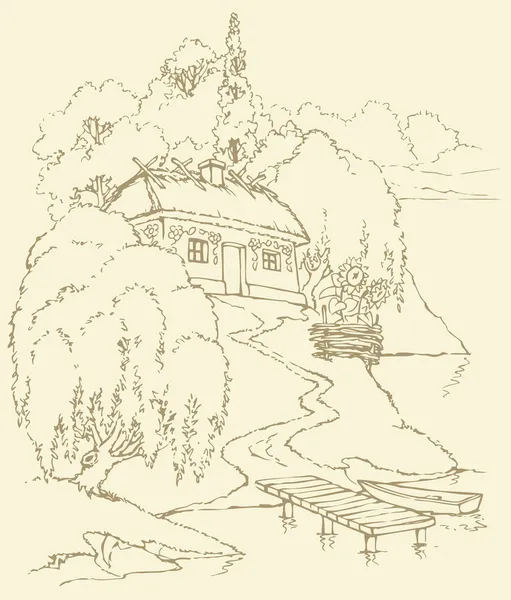 Vector landscape. Old huts near river — Stock Vector