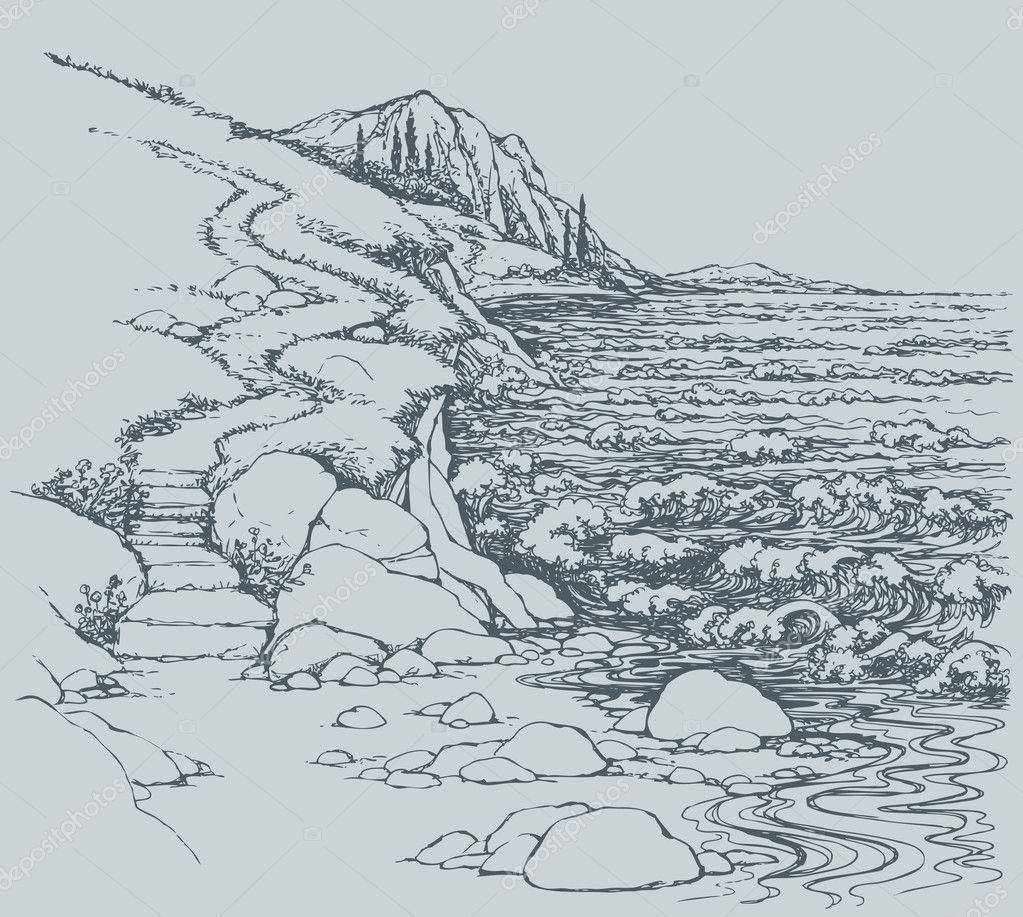 Vector seascape. Steps to rocky shore — Stock Vector © Marinka #29855721