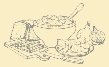 vektör natürmort. patates, salatalık turşusu, ekmek ve pastırma
