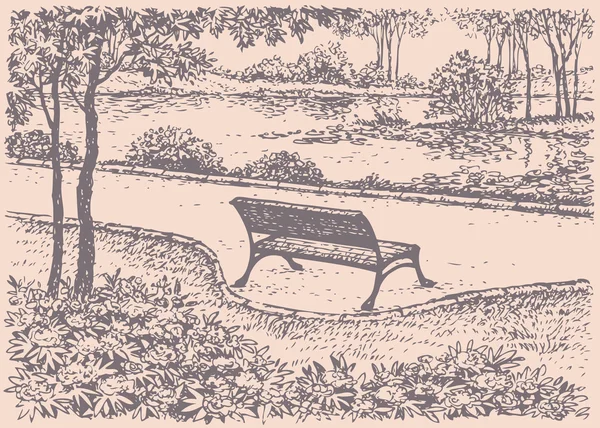 Vector landscape. Park bench in front of the river — Stock Illustration Vector landscape. Park bench in front of the river Vector Graphics