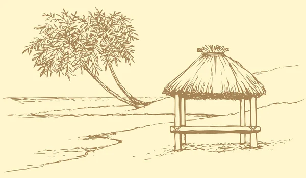 Векторный морской пейзаж. Пальмы возле бунгало на берегу моря — стоковый вектор