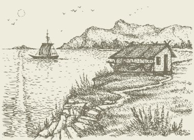 Vektör manzara. Fisherman's hut deniz kenarında bir uçurumun üzerinde