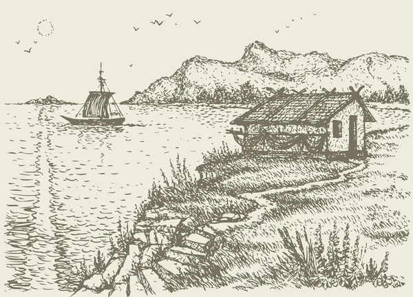 Paysage vectoriel. Cabane de pêcheur sur une falaise près de la mer — Image vectorielle