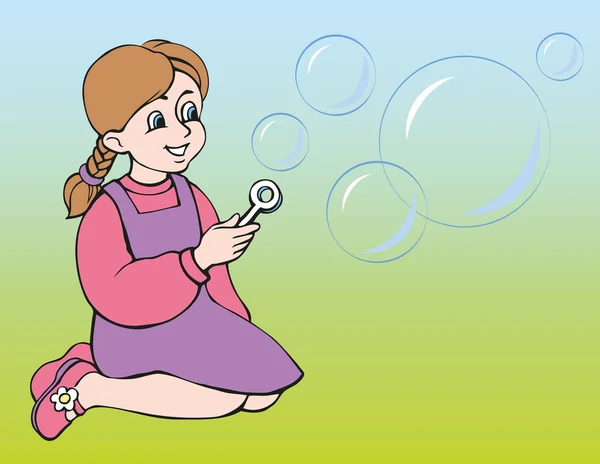 Vector illustration. The girl inflates soap bubbles — Stock Vector