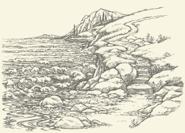 Vector landscape. Steps to rocky shore