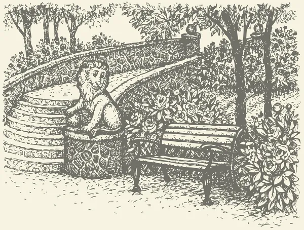 Векторный пейзаж. Скамейка возле статуй в окружении цветущих кустов — стоковый вектор