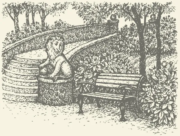 Vector landscape. Park bench beside statues surrounded by blossoming bushes — Stock Illustration Vector landscape. Park bench beside statues surrounded by blossoming bushes Royalty Free Stock Illustrations