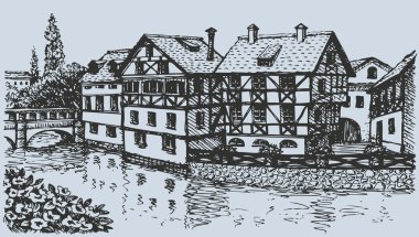 Cityscape vektör. europ eski yarı-Rustik evlerin sokak