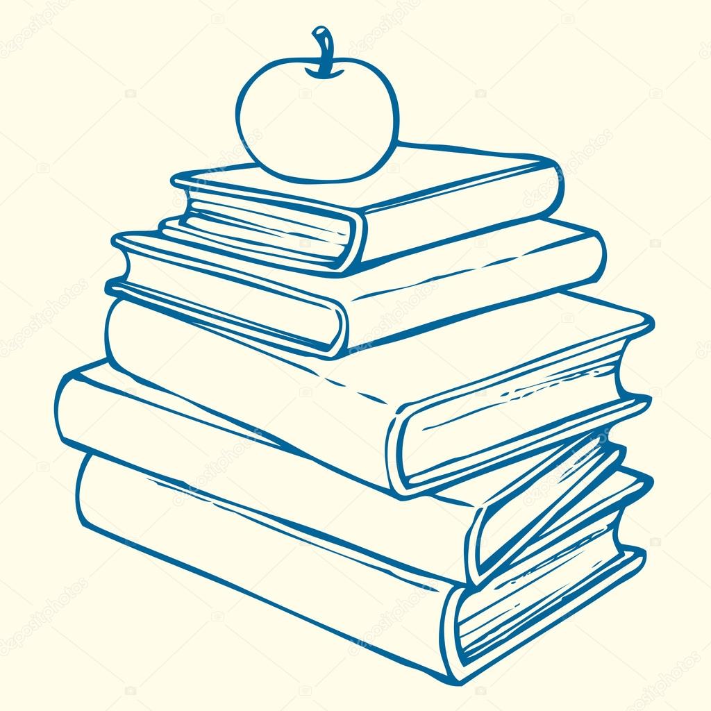 Vector outline illustration. Apple on books