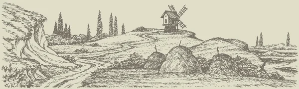 vektör yatay. buğday alanların üstünde yel değirmeni yoldan