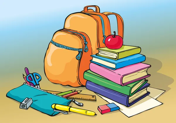 Vektor stilleben skolan tillbehör. böcker, ryggsäck och penna fall — Stock vektor