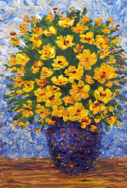 Oljemålning. grönskande bukett med gula blommor i blå vas — Stockfoto