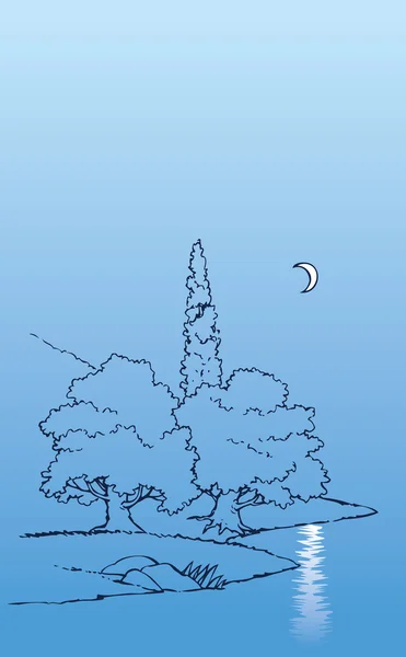 Vector paisaje nocturno. Media luna sobre el río y los árboles — Vector de stock