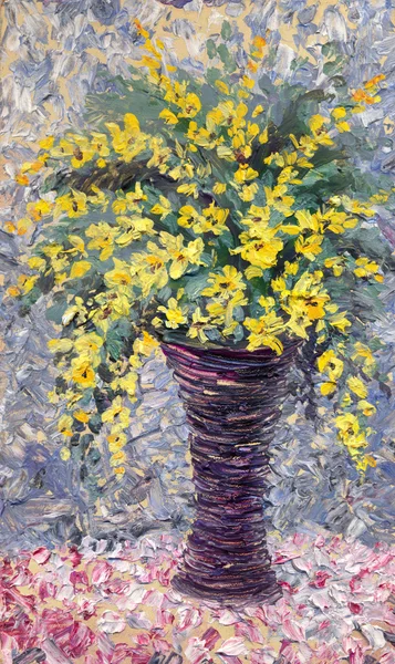 Still life oil. Wonderful bouquet of yellow flowers in purple vase — Stock Photo, Image