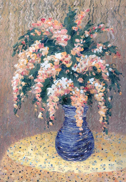 Still life oil. Bouquet of pink flowers in blue vase — Stock Photo, Image