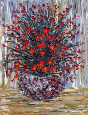 Still life oil. Bouquet of bright red flowers in a round vase clipart
