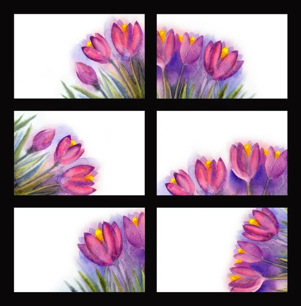 Bemalte Aquarellkarte mit violetten Blumen und Platz für Text — Stockfoto