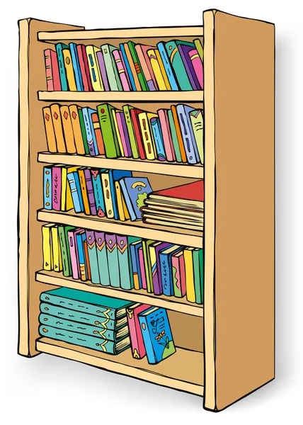 Vektorillustration. Bücherregal mit vielfältiger Büchersammlung — Stockvektor